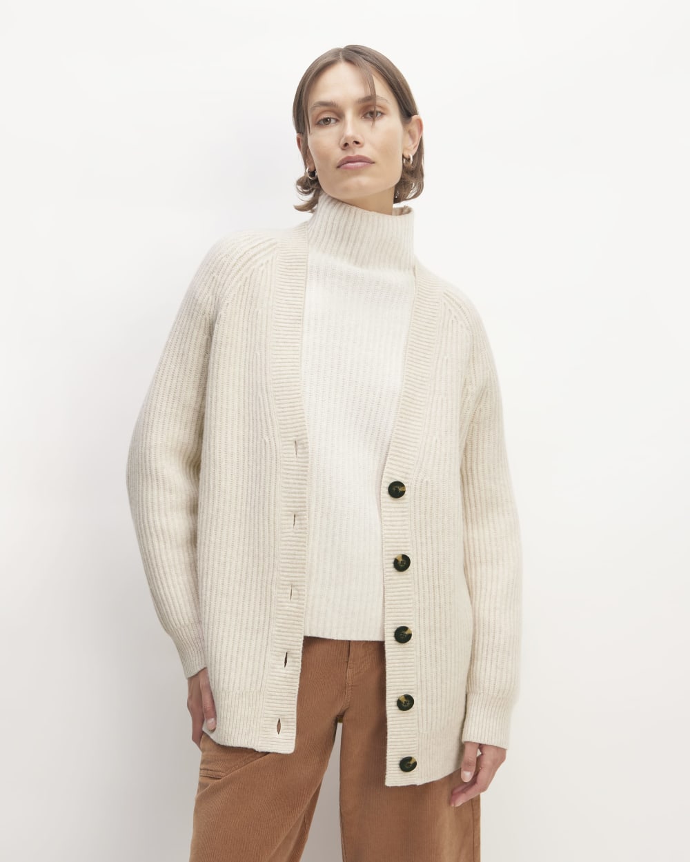The Felted Merino Cocoon Cardigan in Heathered Oat — front view