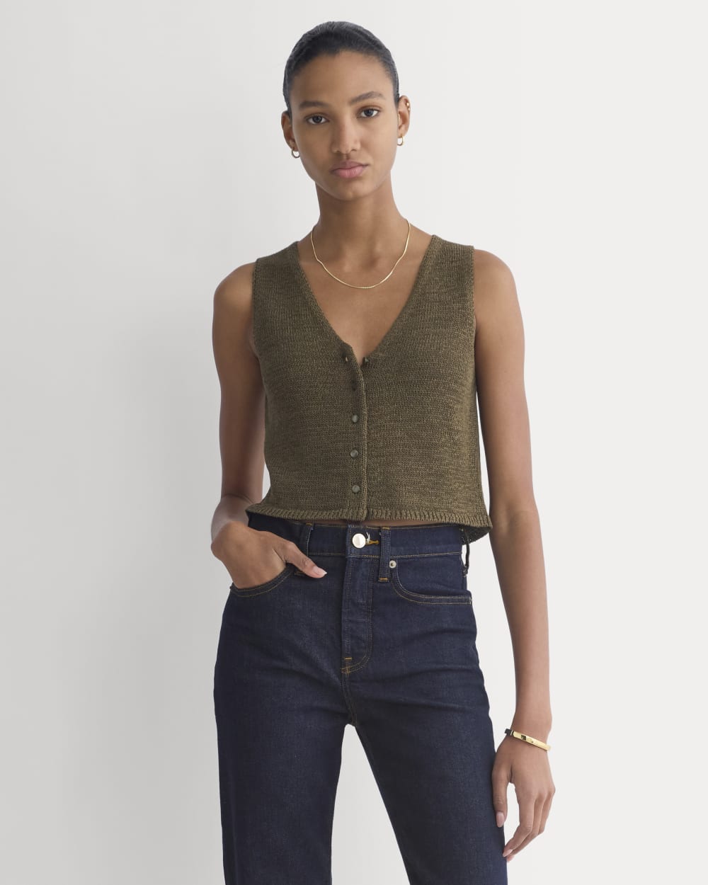 Button-Front Tank in Tape Yarn in Beech — front view