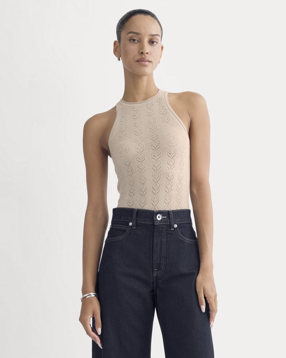 The Pointelle Racerback Tank in Ultrafine Merino in Pale Blush — front view
