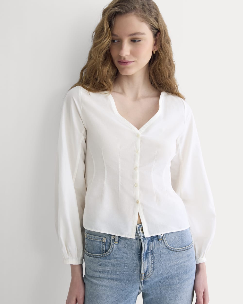 Balloon Sleeve Top in Cotton Silk in Bone — front view