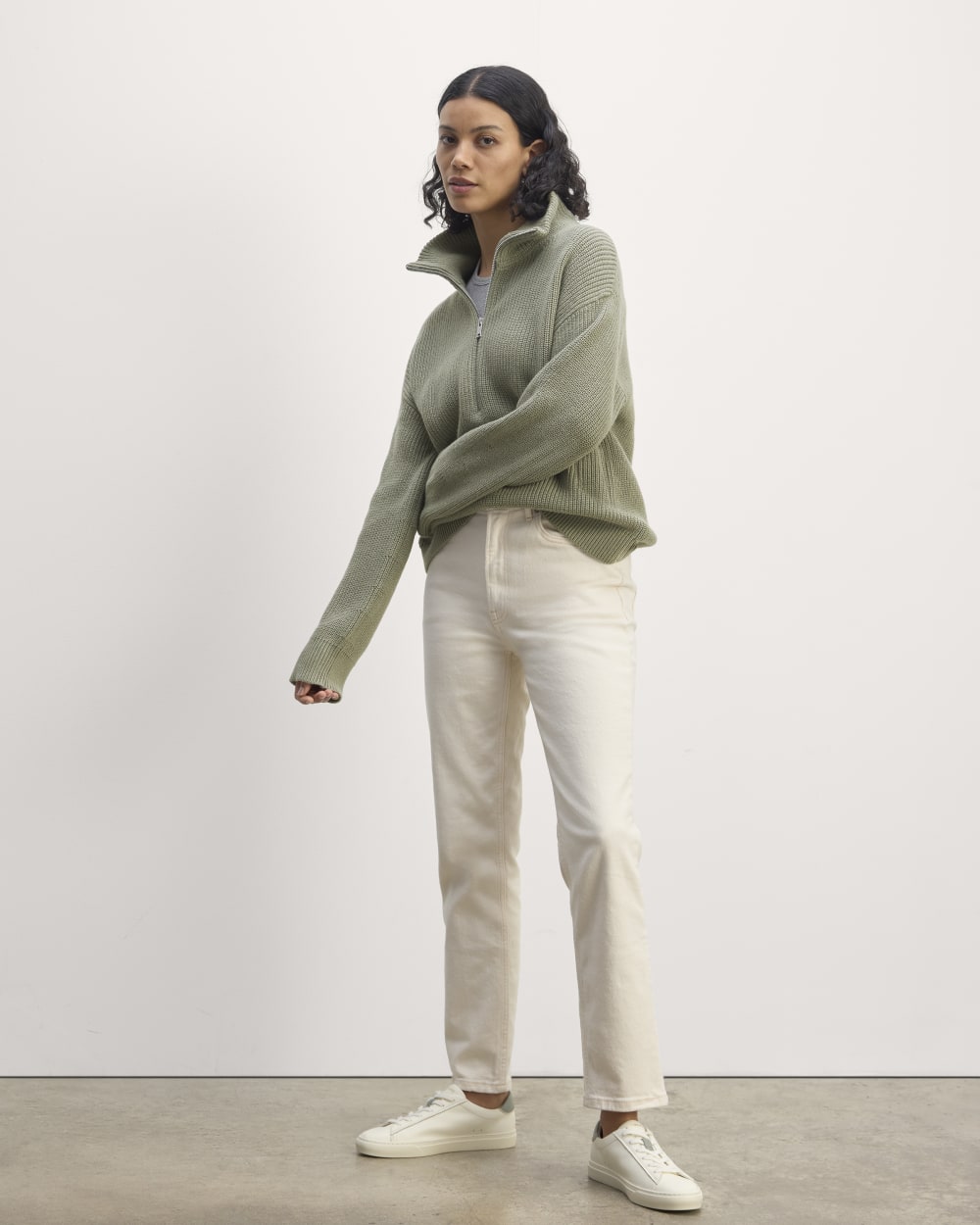 The Half-Zip in Everyday Cotton in Sage Green — detail view