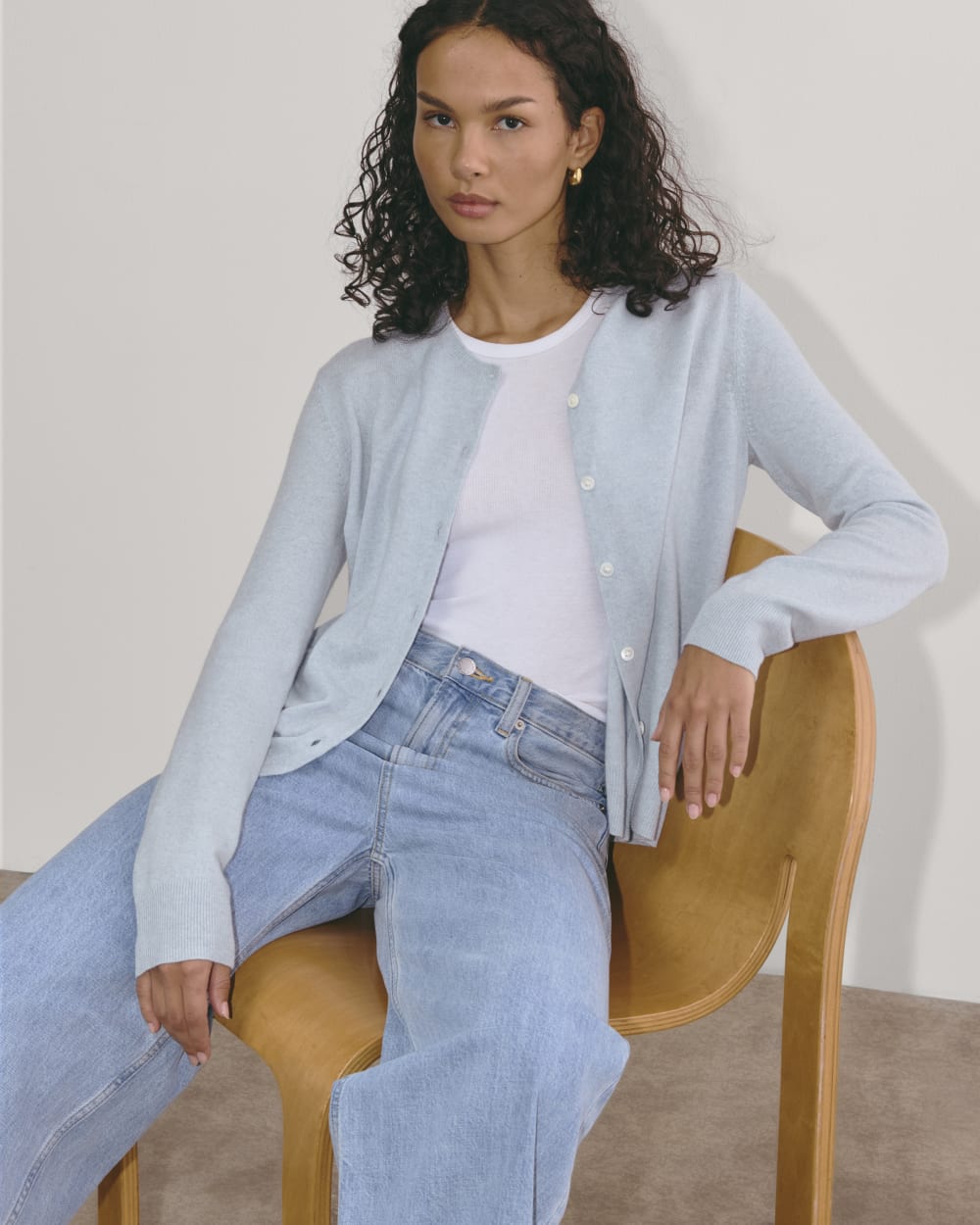 The Classic Cardigan in Cashmere in Sky Blue — detail view