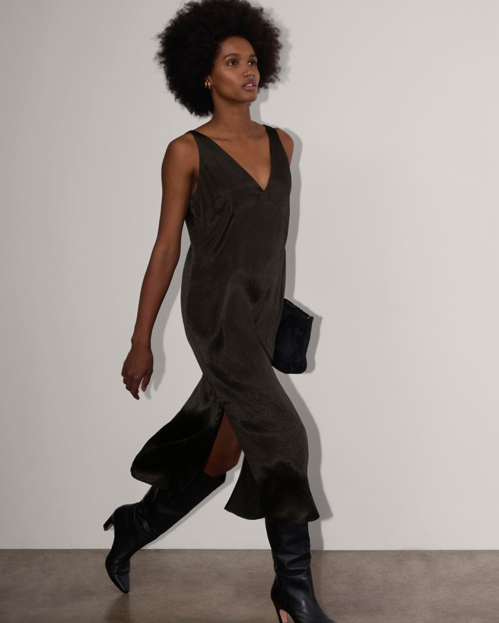 The Satin Slip Dress in Black — detail view