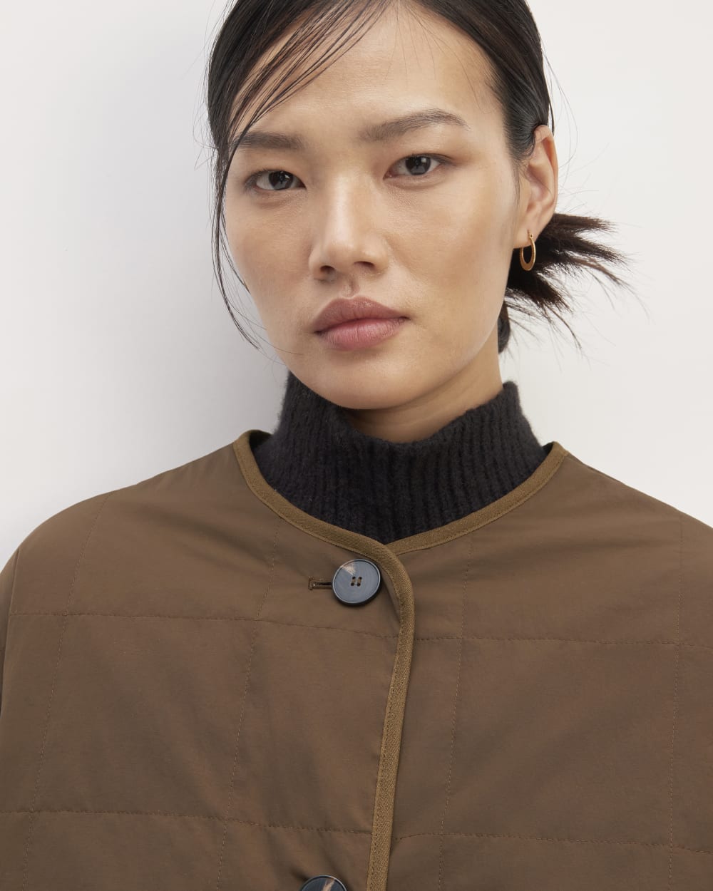 The ReNew Quilted Long Liner in Cocoa — detail view
