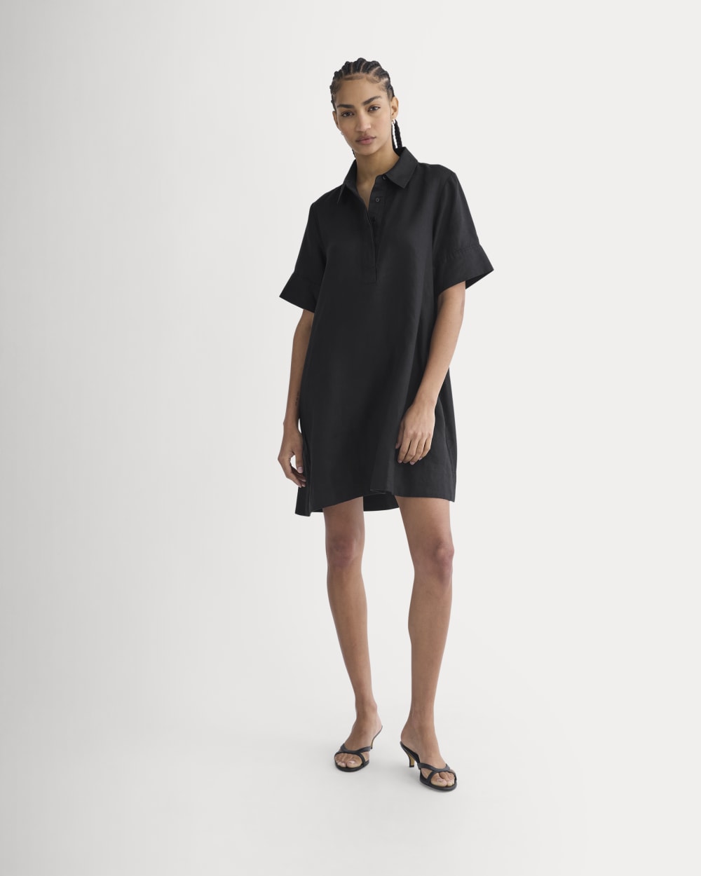 Mini Popover Shirtdress in Linen in Black — detail view