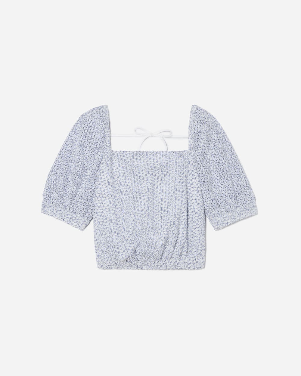 The Eyelet Puff Sleeve Top in Deep Blue / White — detail view