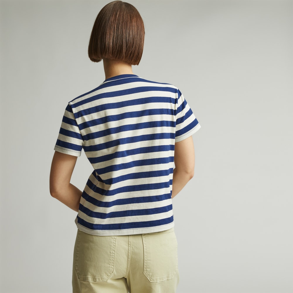 The Box-Cut Tee in Essential Cotton in Ocean Cavern / Canvas Tan — detail view