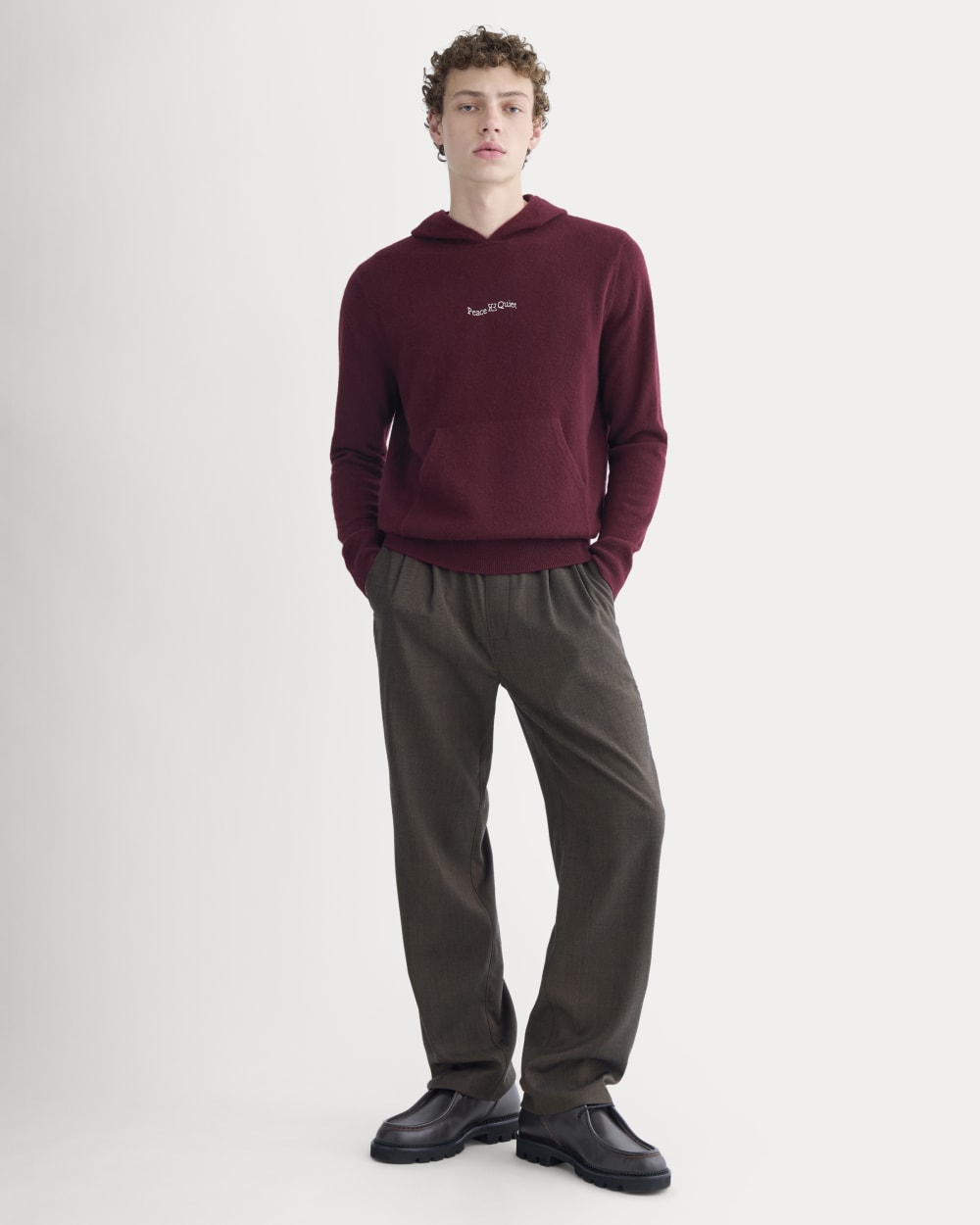 Everlane x Peace & Quiet Cashmere Hoodie in Wine — detail view