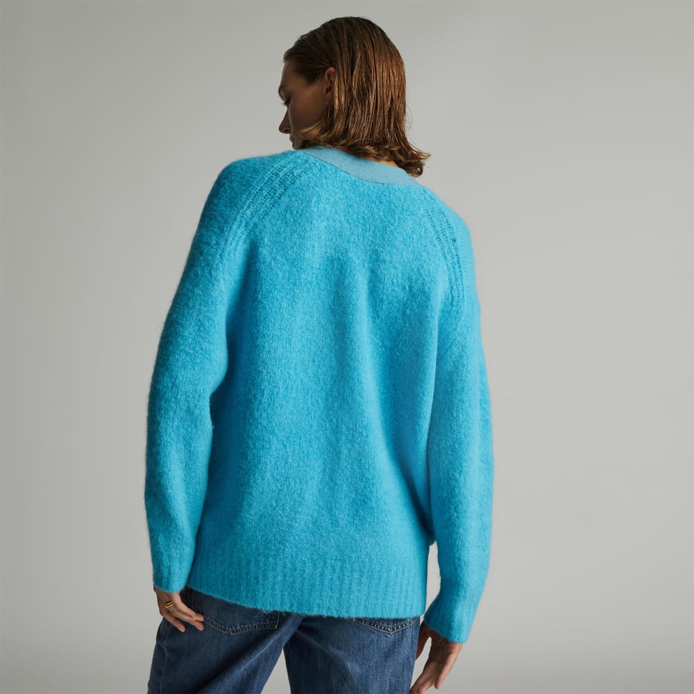 The SuperFuzz Alpaca Oversized Cardigan in Blue Atoll — detail view