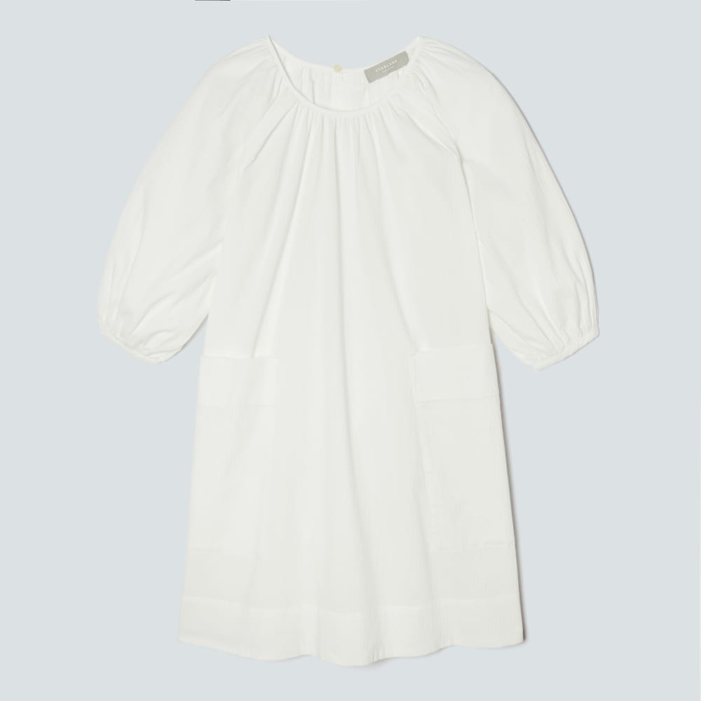 The Seersucker Puff Sleeve Dress in White — front view