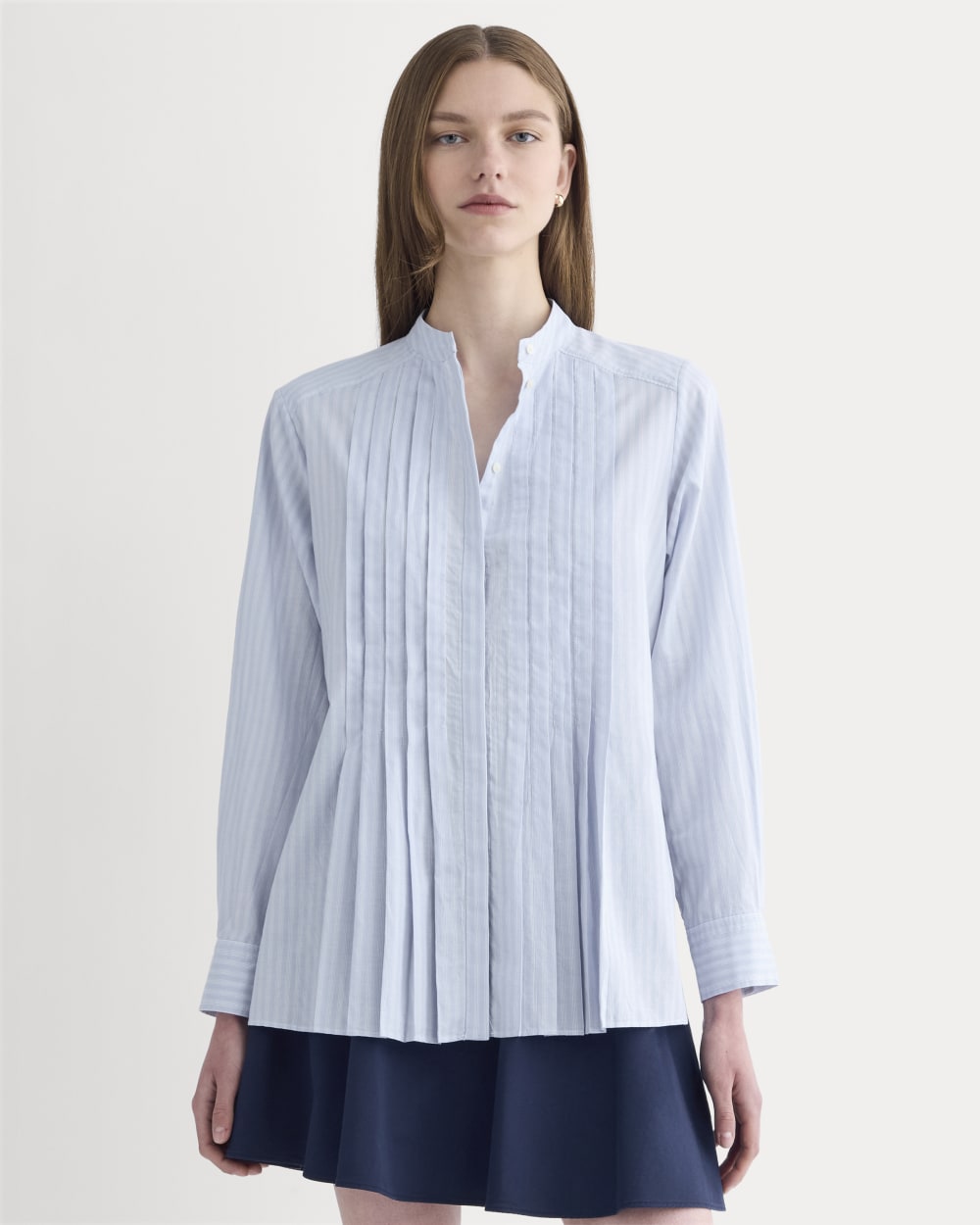 The Pleated Shirt in Silky Cotton in Forever Blue / Optic White — front view