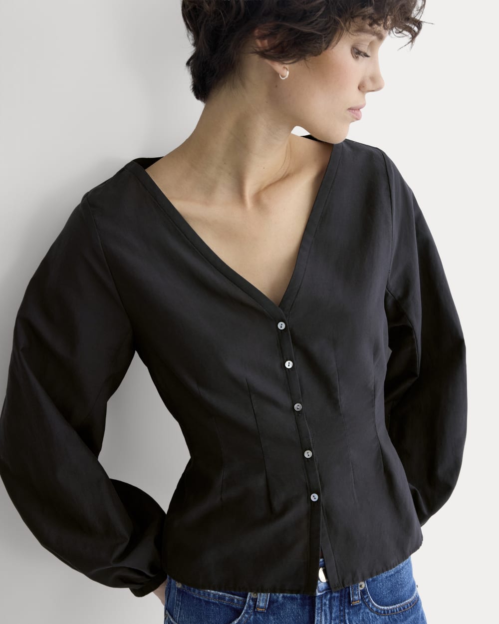 Balloon Sleeve Top in Cotton Silk in Black — front view