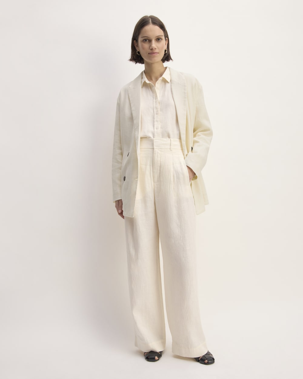 The Linen Double Breasted Blazer in Bone — detail view