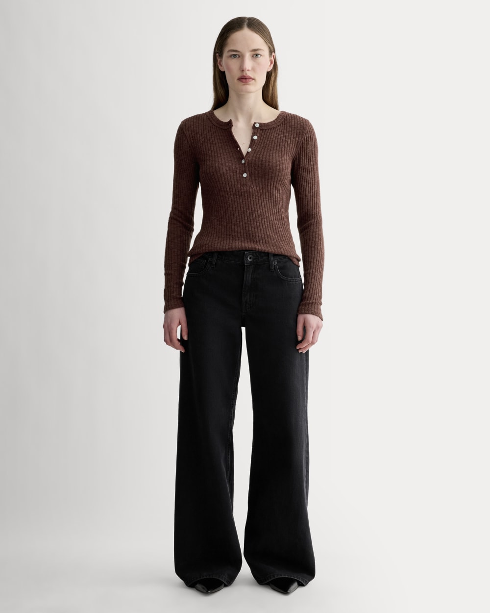 The Cozy Rib Henley in Dark Mahogany — detail view