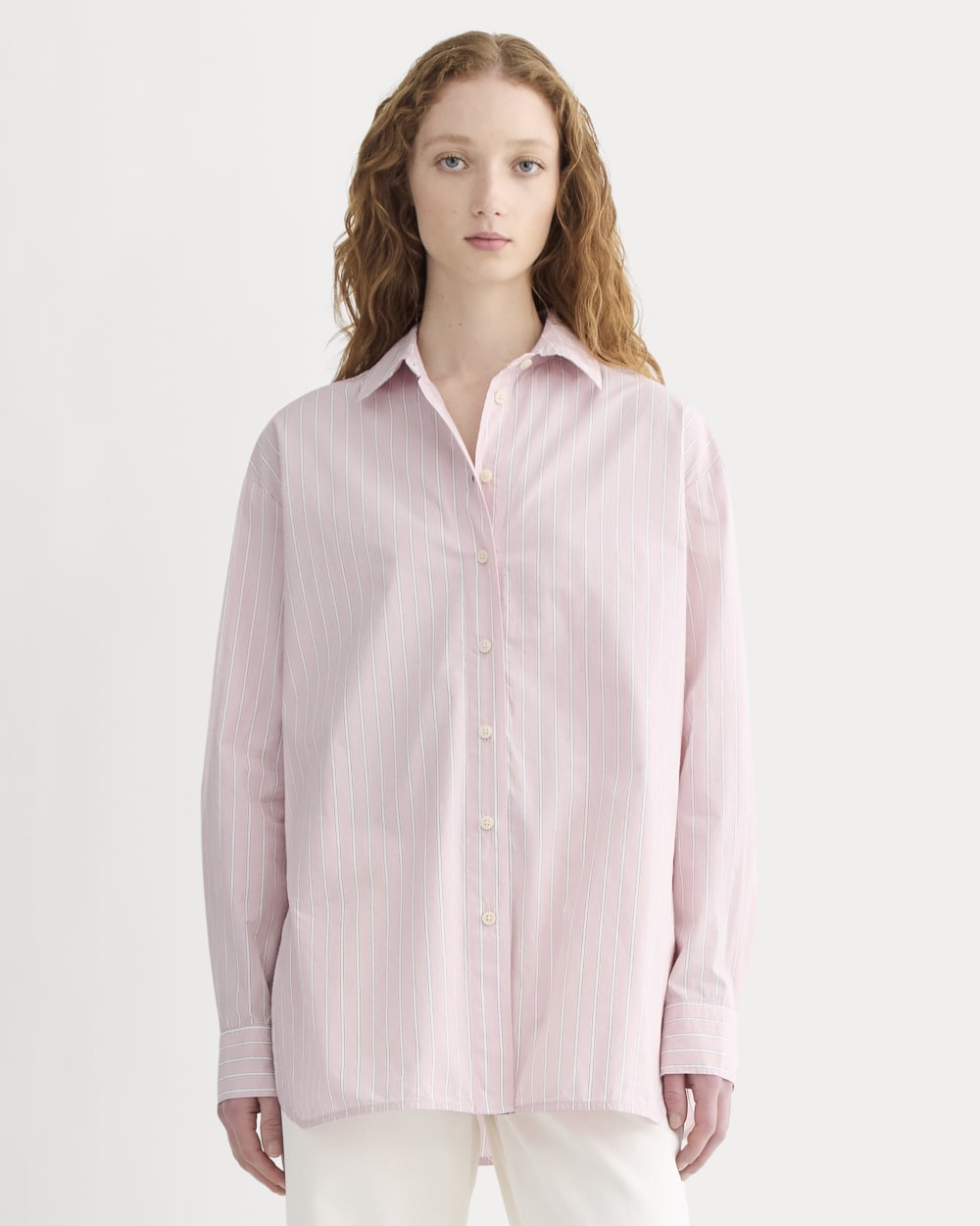 The Boyfriend Shirt in Ultrasoft Cotton in Pink / White — front view