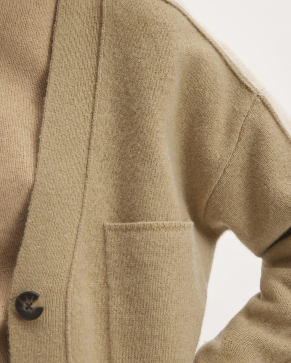 The Good Merino Wool Cardigan in Light Camel / Dark Oat — detail view