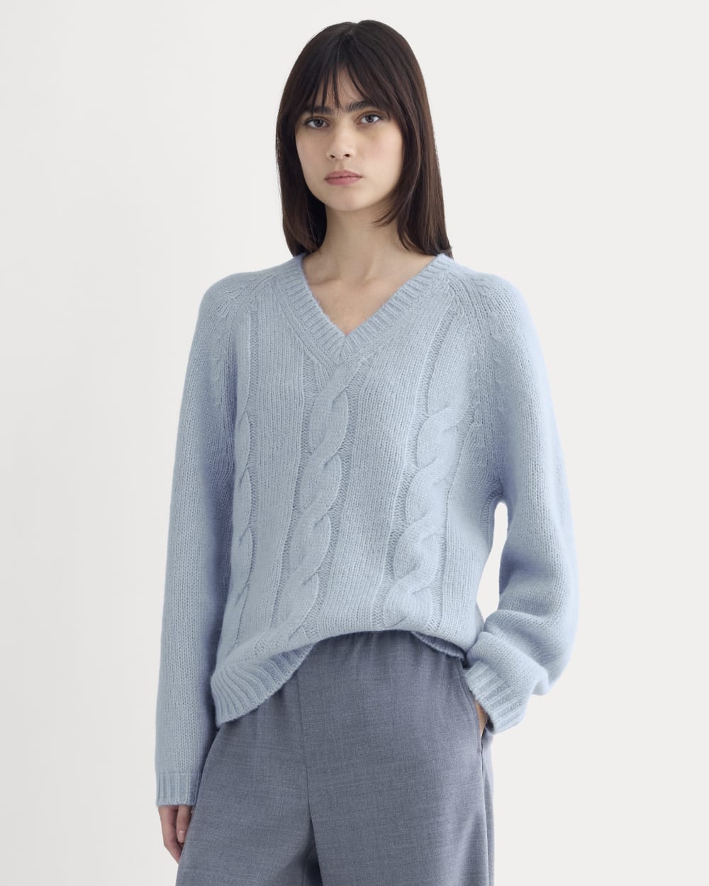 Cloud Cable V-Neck Sweater in Forever Blue — front view