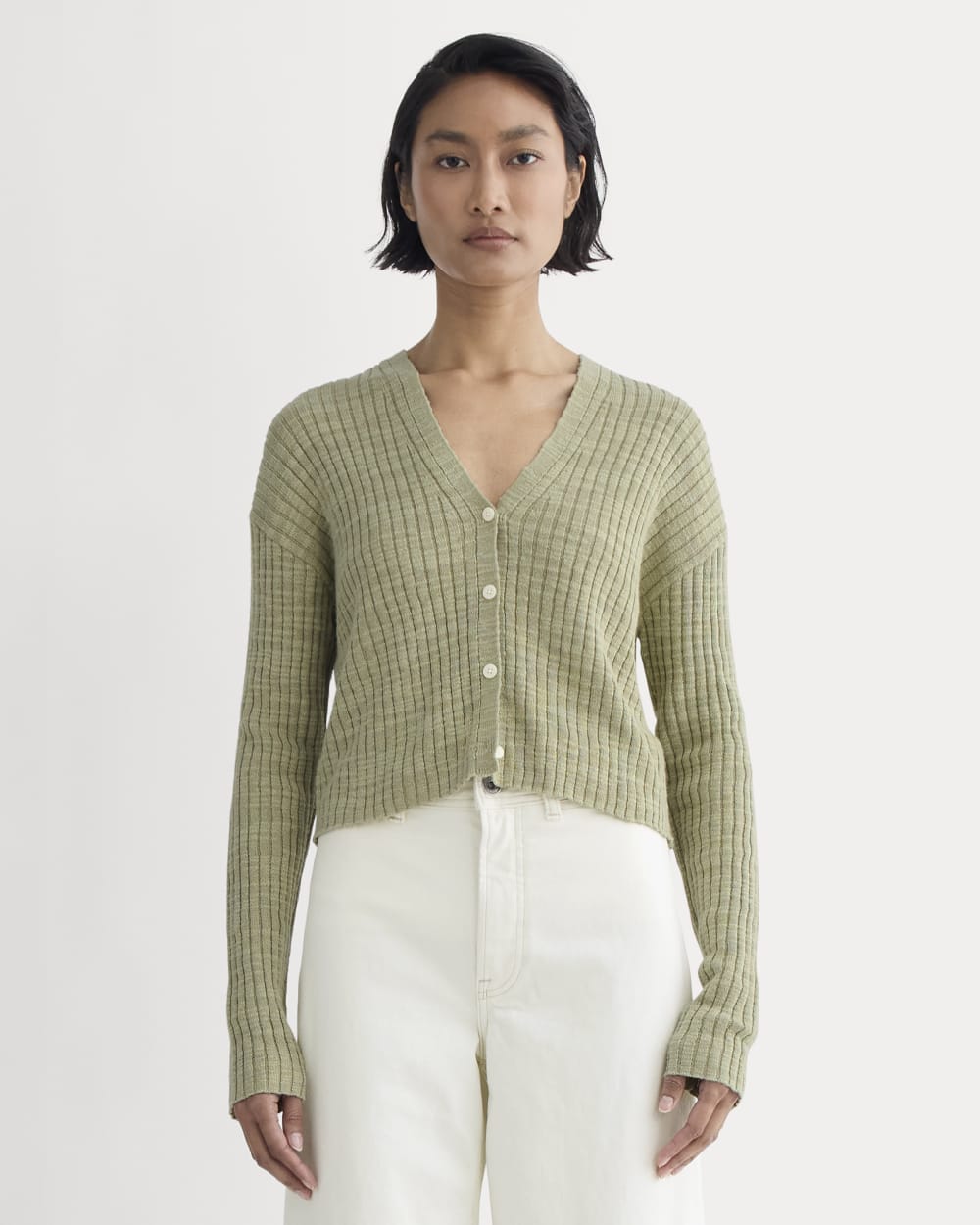 The Ribbed Cardigan in Cotton Linen in Eucalyptus — front view