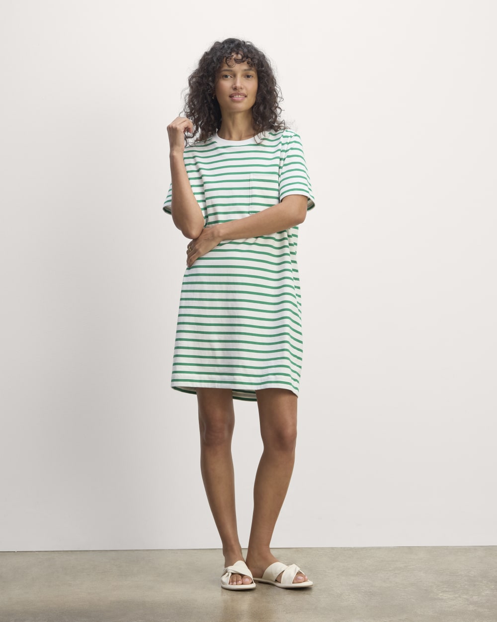 The Organic Cotton Weekend Tee Dress in Bone / Grass Green — front view