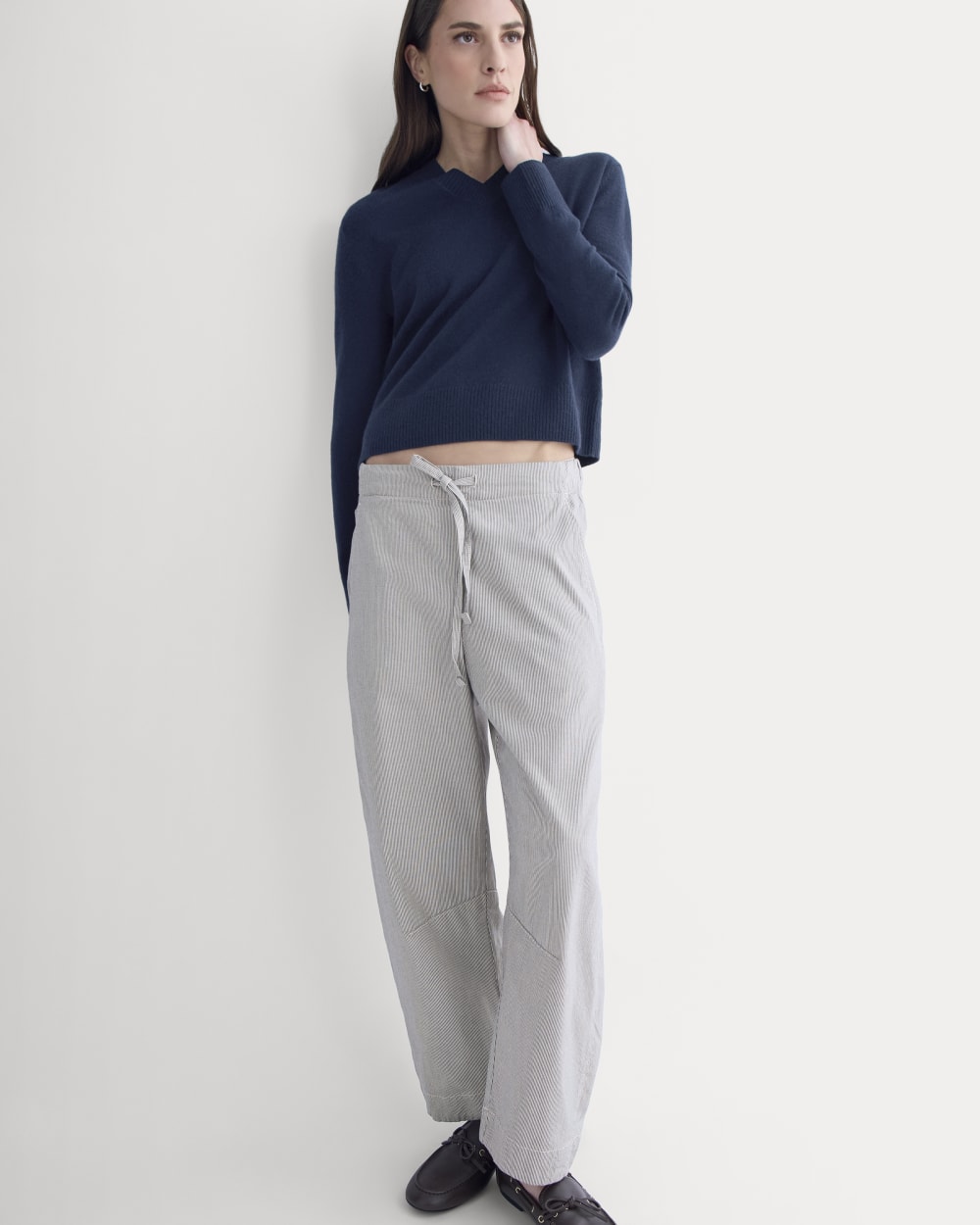The Easy Barrel Pant in Canvas Tan / Navy — front view