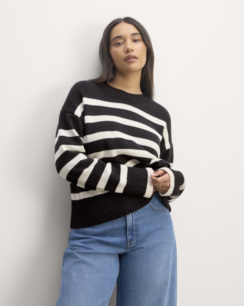 The Boxy Sweater in Everyday Cotton in Black / Canvas — front view