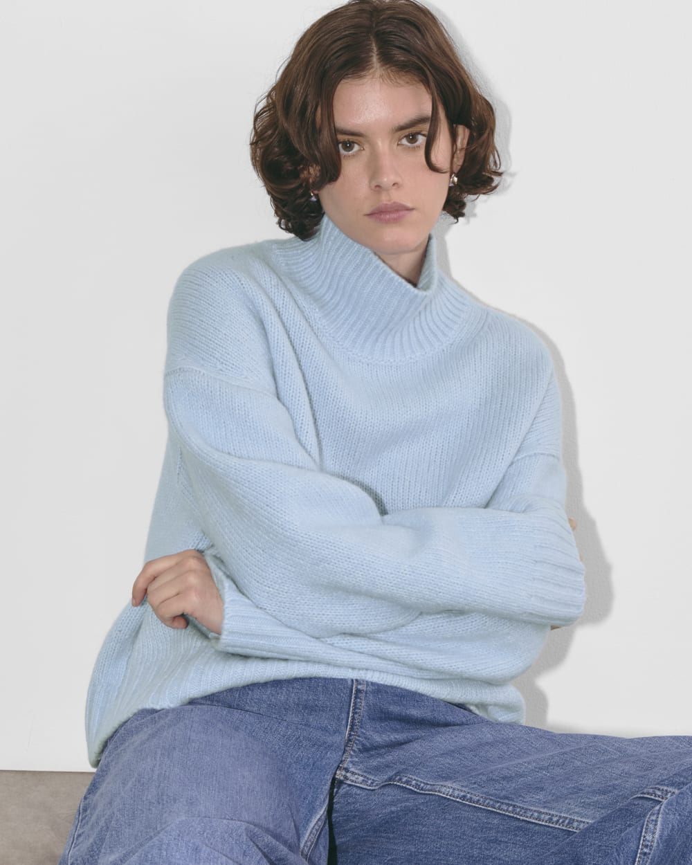 The Cloud Oversized Turtleneck in Chambray Blue — detail view