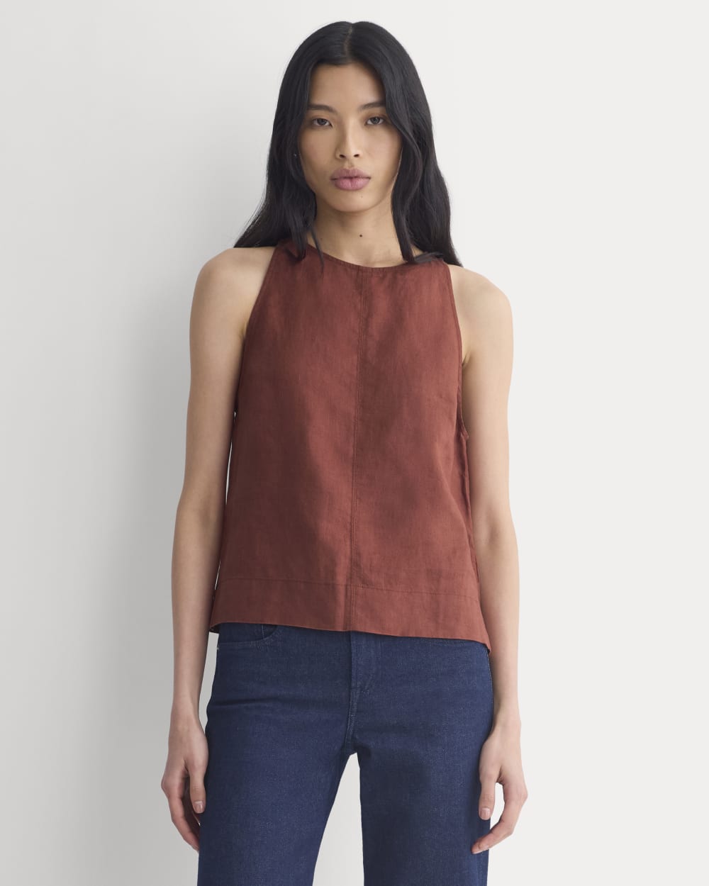 The Linen High-Neck Tank in Henna Red — front view