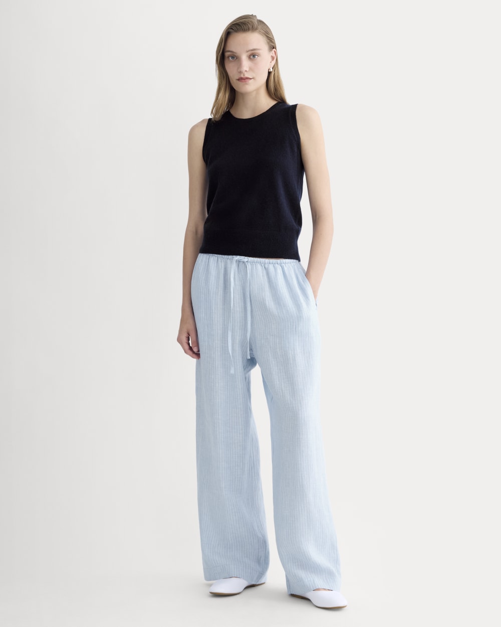 The Drawstring Pant in Linen in Sky Blue / White — front view
