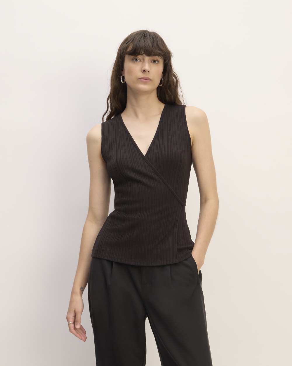 The Rib Wrap Top in Black — front view