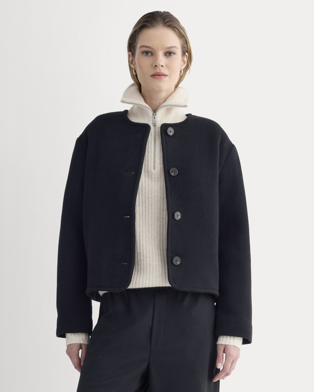 The Cocoon Coat in Wool in Black — front view