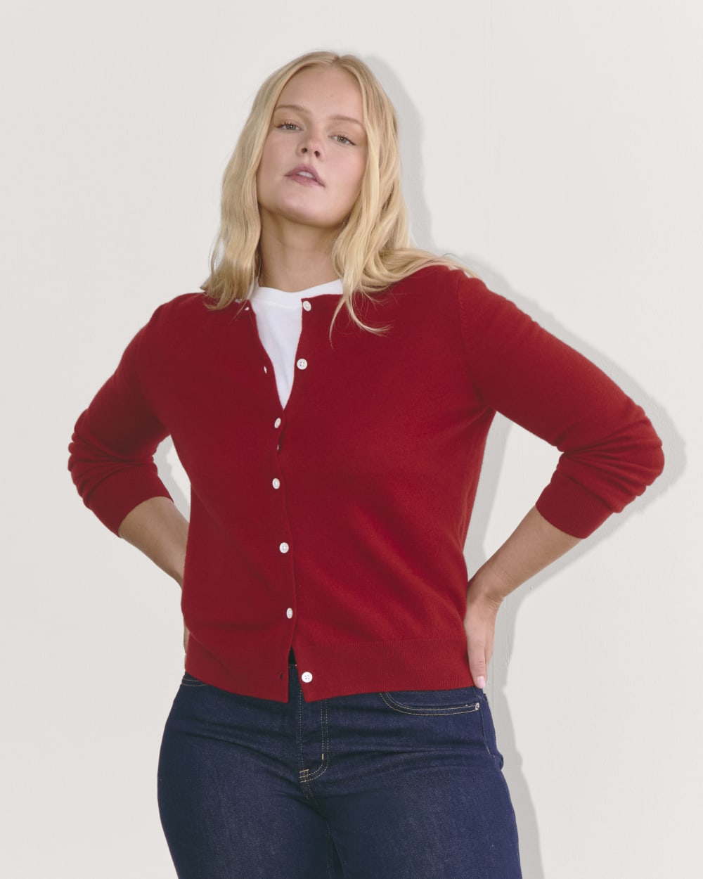 The Classic Cardigan in Cashmere in Berry Red — front view