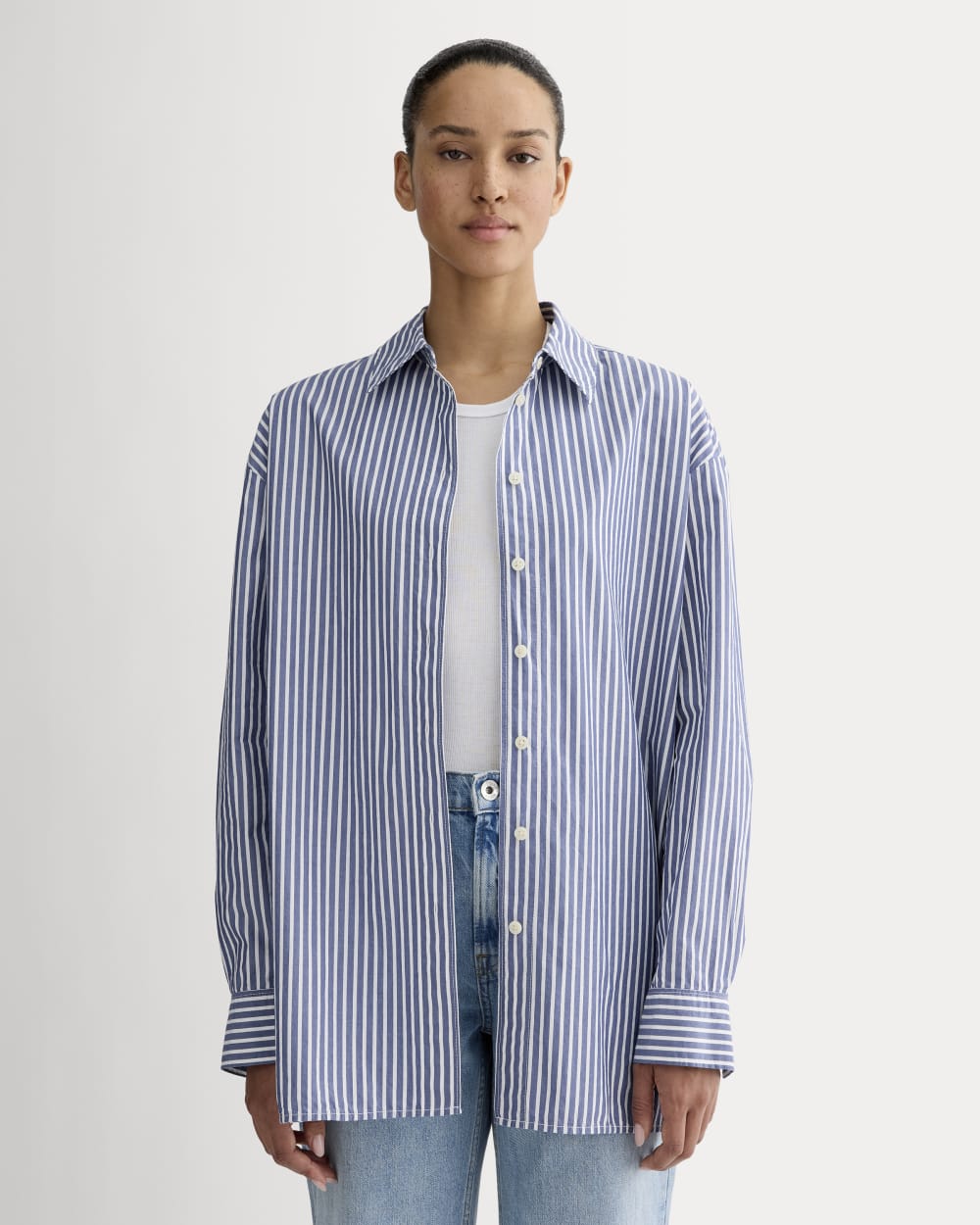 The Boyfriend Shirt in Ultrasoft Cotton in Bone / Mazarine Blue — front view