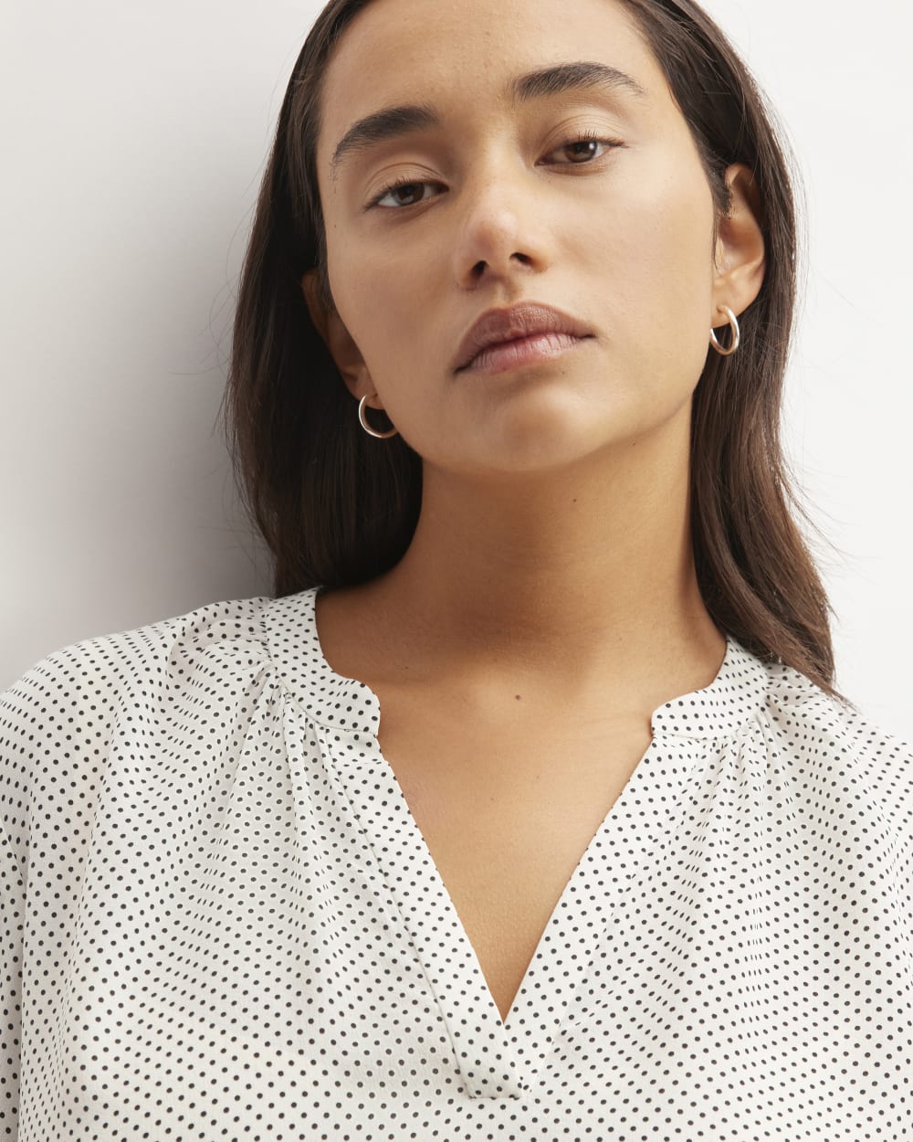 The Washable Clean Silk V-Neck Top in Bone / Black Polka Dot — detail view