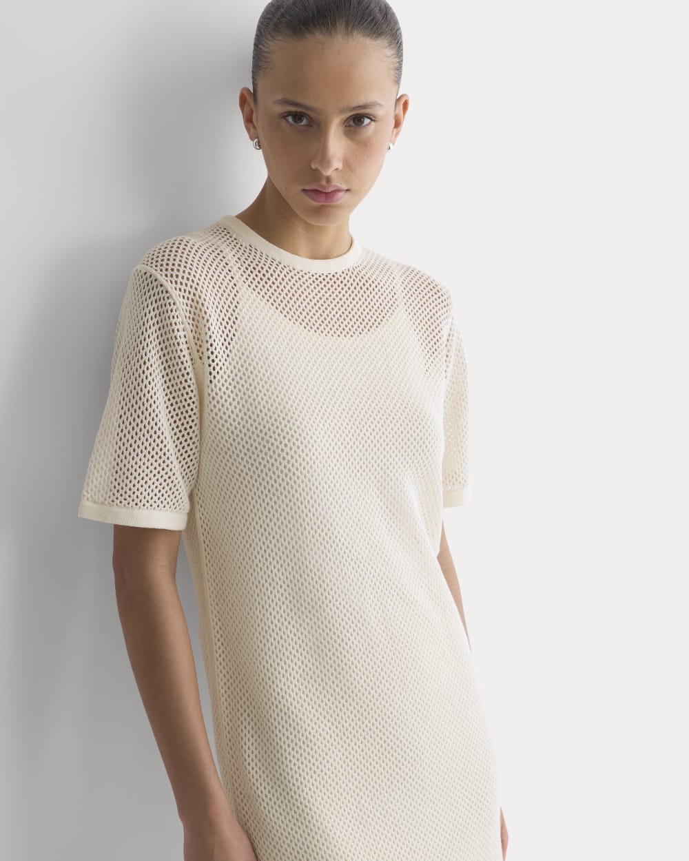 Mesh-Knit Short-Sleeve Dress in Bone — detail view