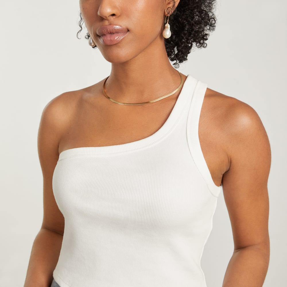The Ribbed One-Shoulder Tank in White — detail view