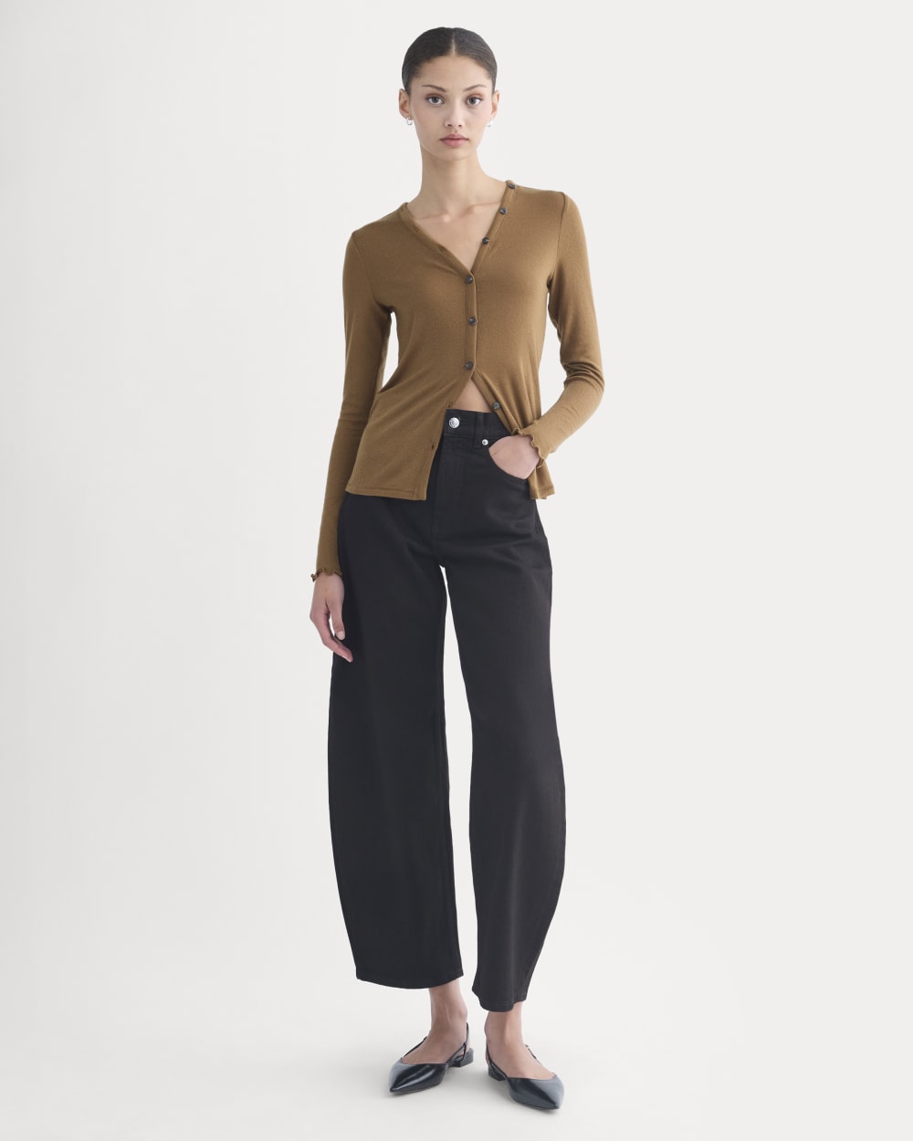 Sheer V-Neck Cardigan in Butterluxe in Toffee — detail view