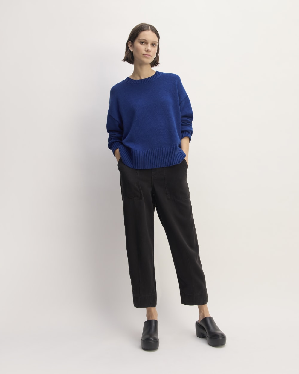 The Boxy Sweater in Everyday Cotton in Bellwether Blue — detail view