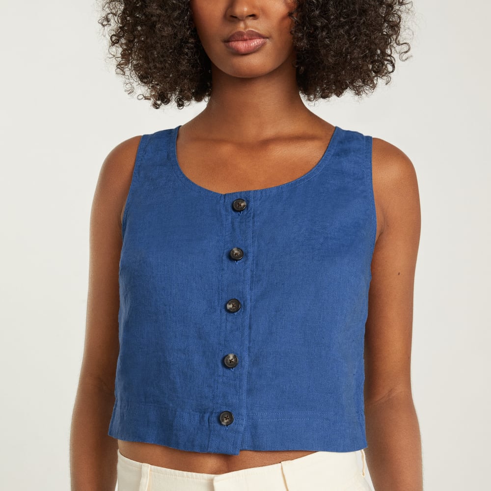 The Linen Button-Front Crop Tank in Deep Blue — detail view