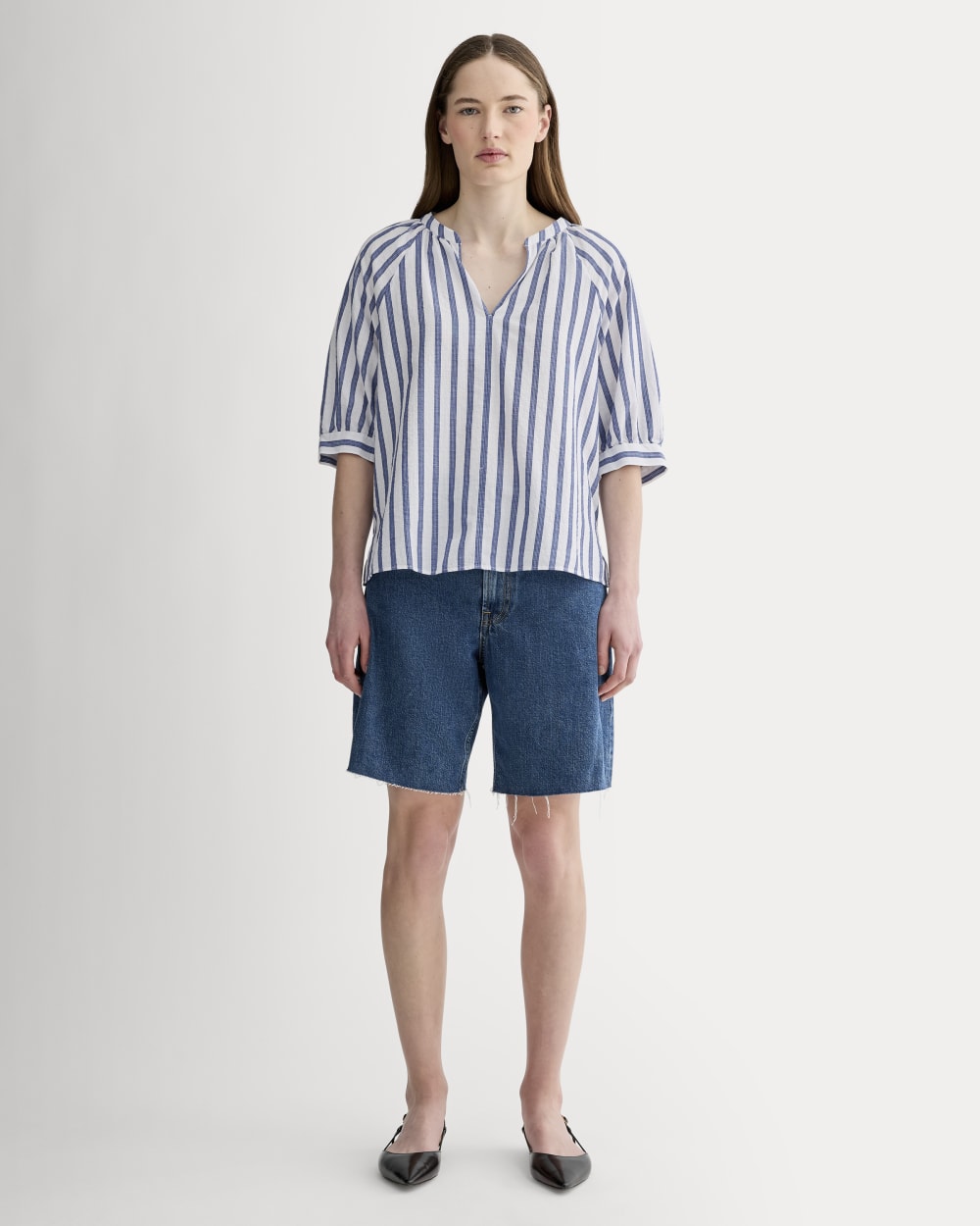 The Gauze Gathered Top in White / Mazarine Blue — detail view