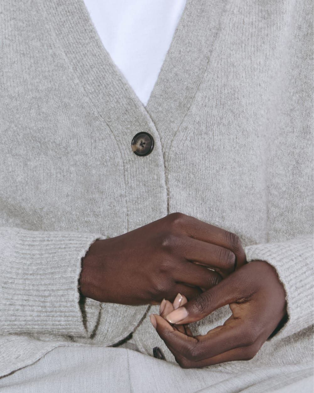 The Cocoon Cardigan in Plush Cotton in Heathered Grey — detail view