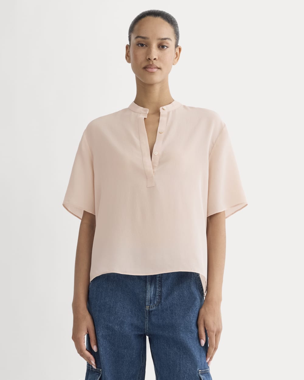 The Popover Top in Washable Silk in Soft Rose — front view
