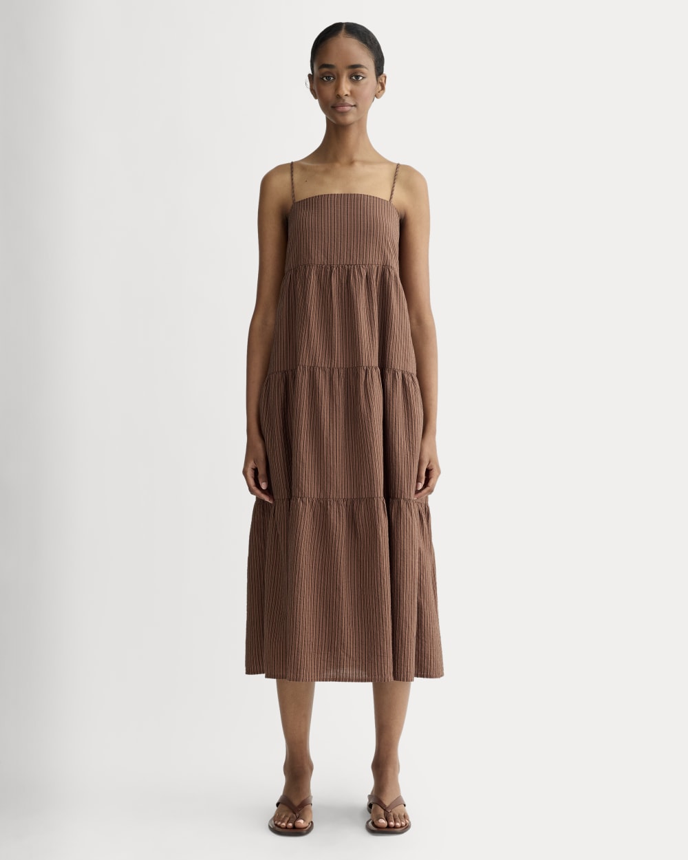 The Gauze Tiered Dress in Carob Brown / Black — front view