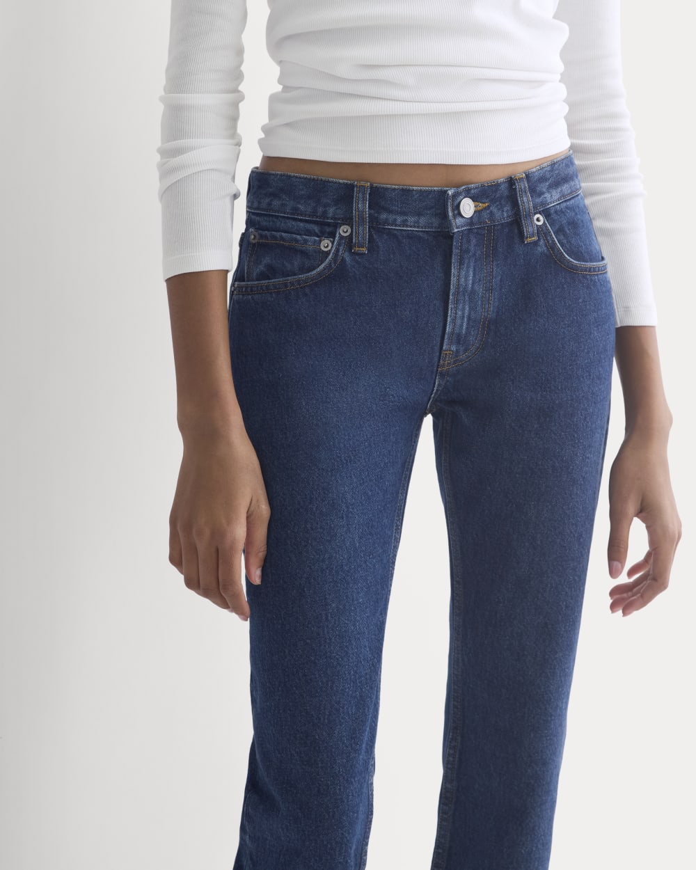 Everlane x Elena Bonvicini Highland Low-Rise Cigarette Jean in Deep Bay Indigo — detail view