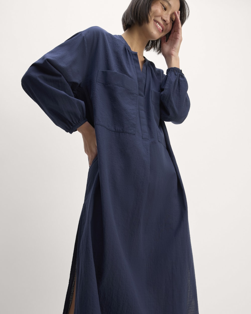 The Gauze Caftan Dress in Navy — front view