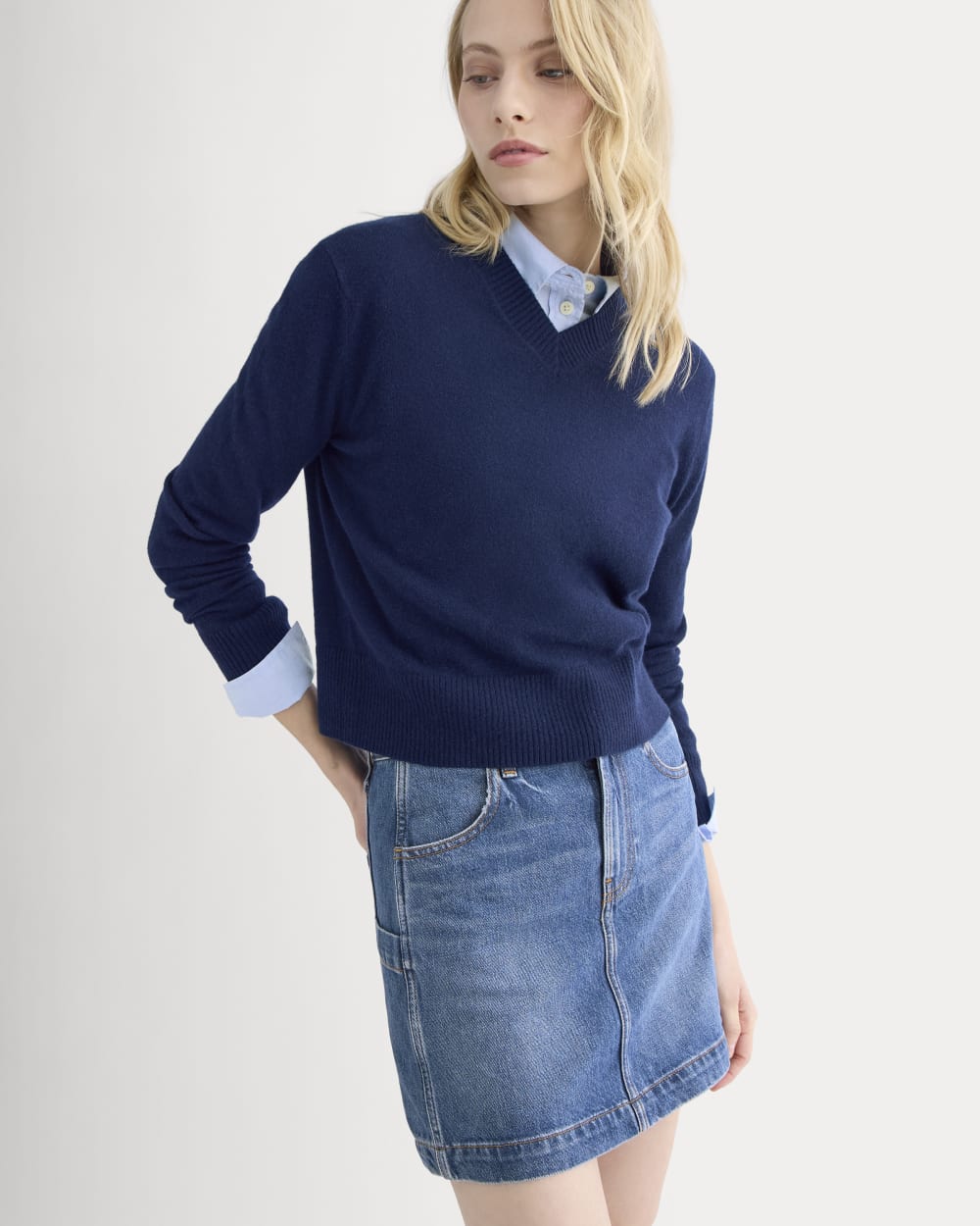 Denim Utility Mini Skirt in Dark Indigo — front view