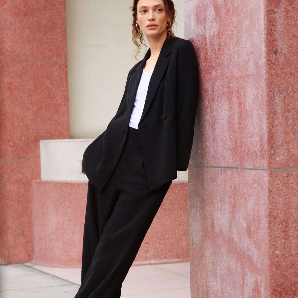 The Drapey City Stripe Blazer in Black — detail view