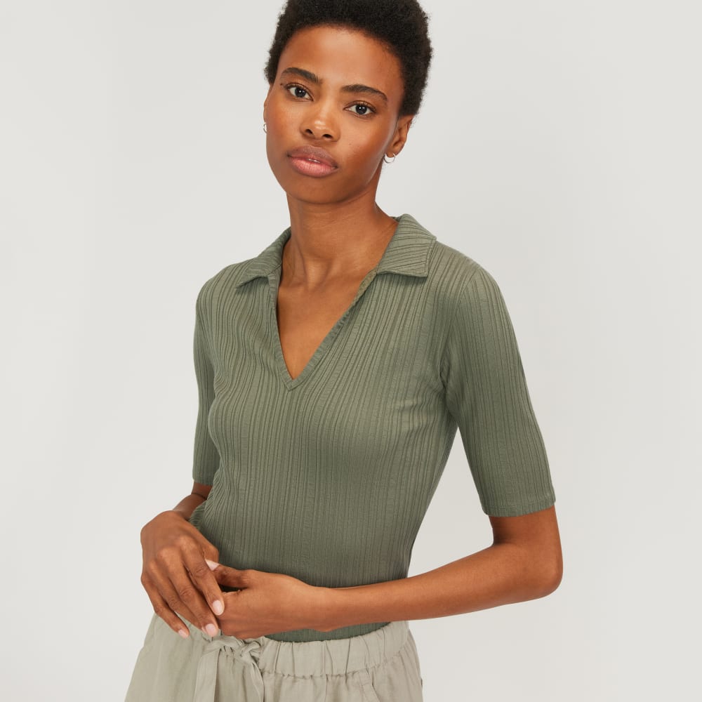 The Rib Soft Knit Open Collar Polo in Kalamata — detail view