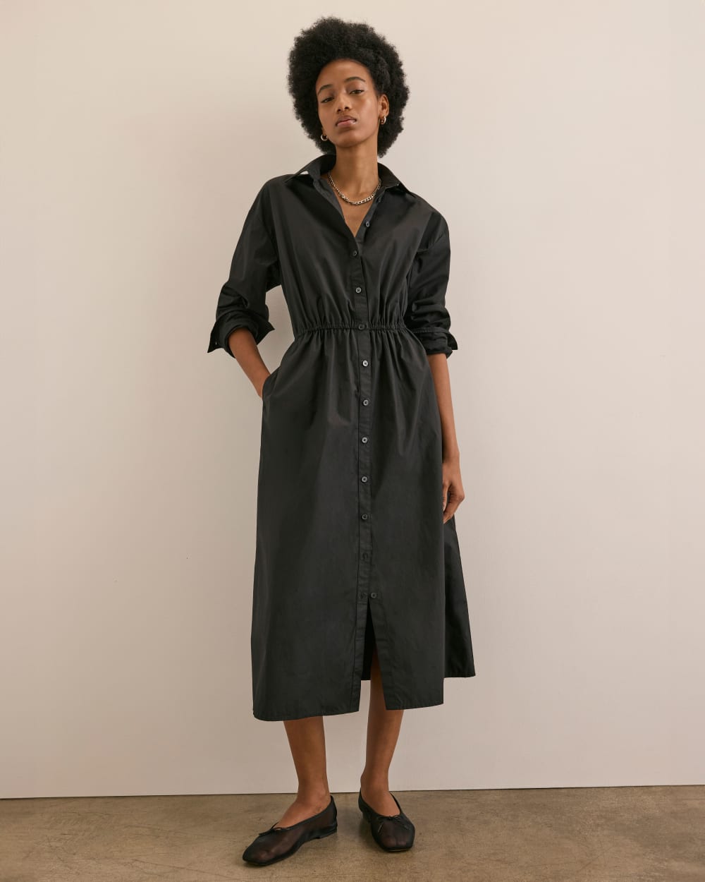 The Supima® Cotton Midi Shirt Dress in Black — detail view