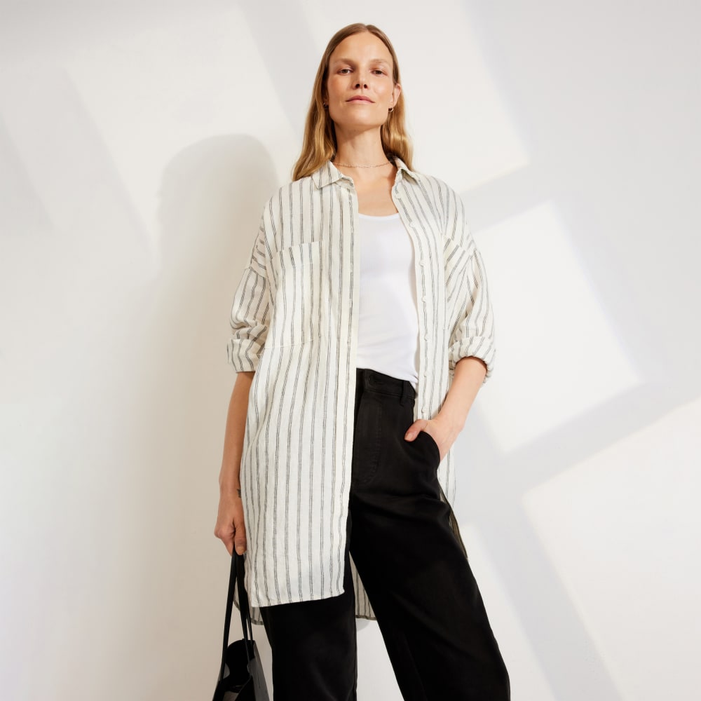 The Way-Long Linen Shirt in Black / Canvas Tan — front view