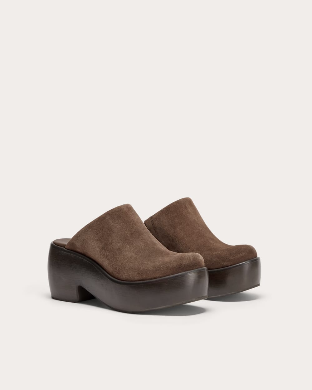 The Wooden Puffa Clog in Dark Umber Suede — detail view